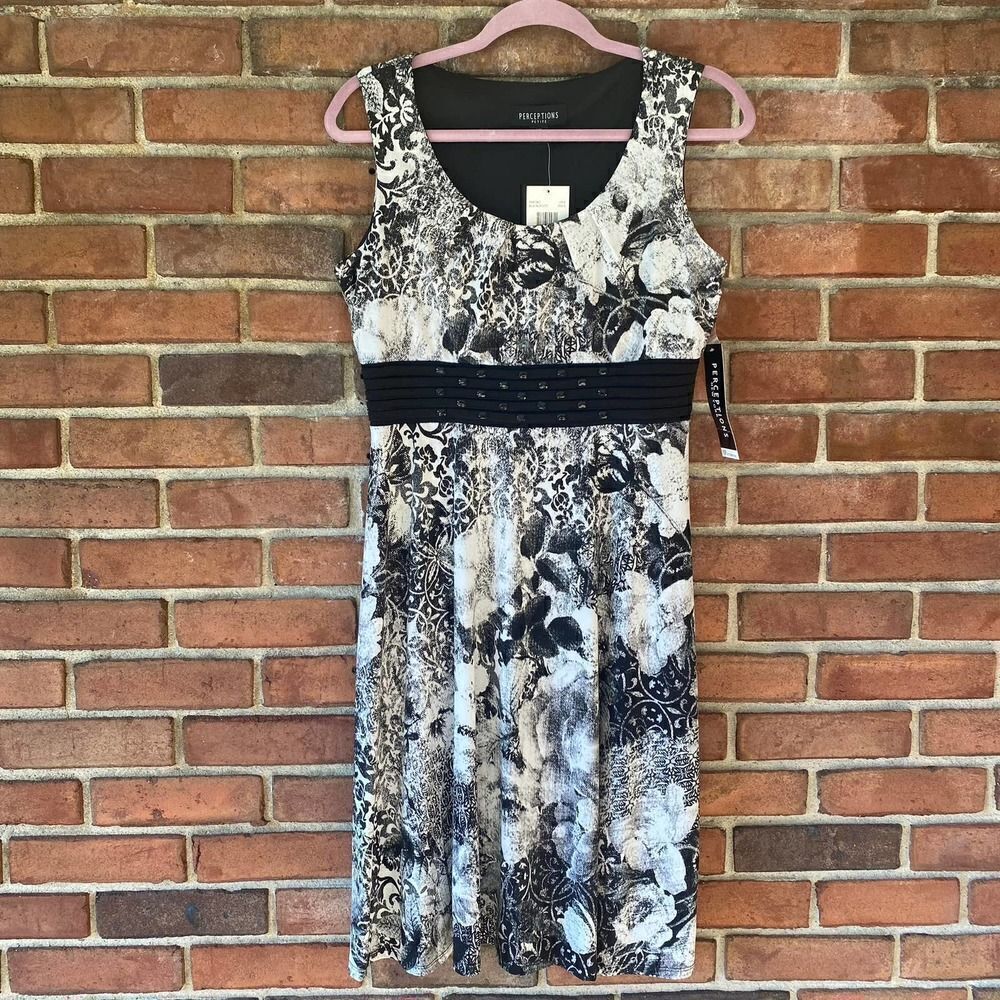 Perceptions New York Sleeveless Print Dress with Beaded Waist 10P